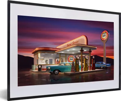 Produktbild von MuchoWow® MuchoWow® Gerahmtes Poster Tankstelle - Auto - Oldtimer 60x40 cm - Poster mit zchwarzem Bilderrahmen - Schlafzimmer - Plakat in Rahmen - Drucken