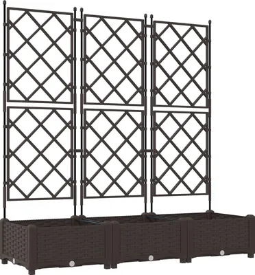 A brown planter with a trellis structure.