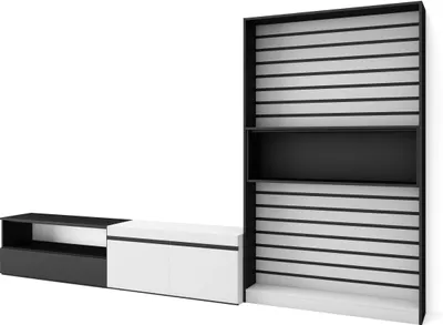 Produktbild von Wohnwand Wohnzimmer, 310x35x186cm, Für TV-Geräte bis zu 80", Wohnzimmer Möbel, Weiß und Schwarz
