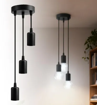 Produktbild von GOEDCH 3 Kopf Pendelleuchte: Schwarz Vintage Hängelampe, 3 Flammig Fassung E27 Lampenfassung, Höhenverstellbare Deckenlampe Hängend, Schwarze Industrie-Pendelleuchte, für Wohnzimmer Esszimmer Küche