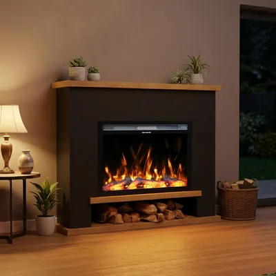 Produktbild von Garlivo Elektrokamin 'CATANIA Schwarz/ Eiche ' | LED Standkamin in weiss mit Heizung (1500 W) | HxBxT: 116x142x28cm