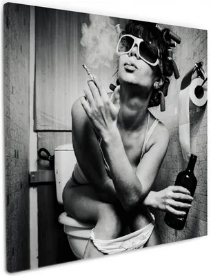 Produktbild von Wallario Premium Leinwandbild Kloparty - Sexy Frau auf Toilette mit Zigarette und Schnaps in Größe 50 x 50 cm
