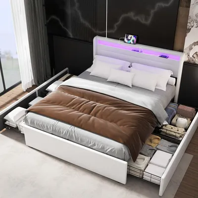 Image de Cadre de lit - Lit double - Lit avec rangement - Lit tapissé - Lit avec éclairage LED - 140x200 cm - Avec 4 tiroirs