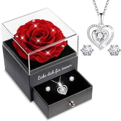 Immagine prodotto di Rosa eterna con collana e orecchini, colore rosso, argento sterling 925, cristallo, set regalo