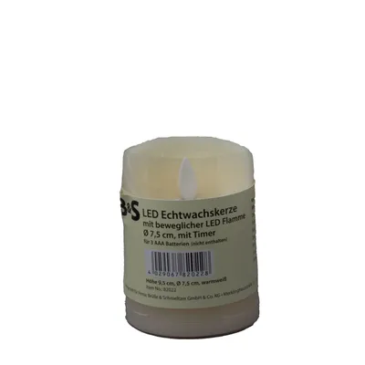A close-up of a cream-colored LED candle with a label wrapped around it.