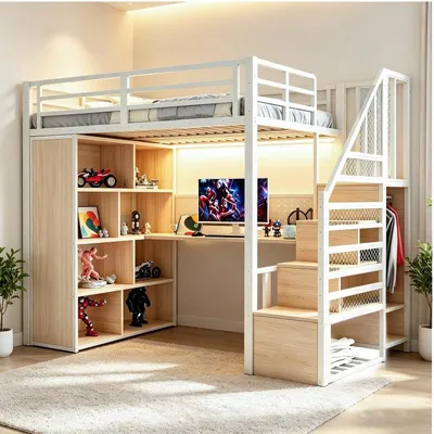 Productafbeelding van Metaal hoogslaper 90x200 cm met kledingkast, opbergtrap, bureau, stopcontacten en LED-verlichting in wit, geschikt voor een tienerkamer