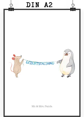Produktbild von Mr. & Mrs. Panda Bild Maus Pinguin Geburtstag DIN A2 - Weiß - Geschenk, Wanddekoration, Happy Birthday, Wandbild, Kunstdruck, wanddeko, drucke