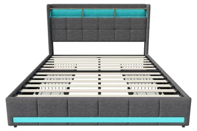 Produktbild von Polsterbett - Doppelbett 140x200 cm - LED-Beleuchtung - USB-Ladefunktion - Bett mit 4 Schubladen - Lattenrost - Grau