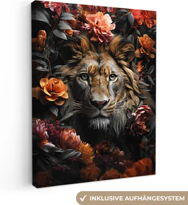 Produktbild von MuchoWow® - Leinwandbilder - Löwe - Tier - Natur - Floral - Botanisch, Wandbild, Wanddeko Bilder Wohnzimmer, 90x120cm