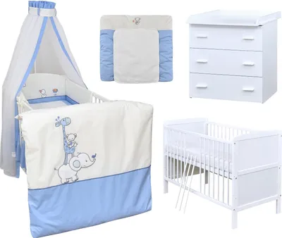 Produktbild von Baby-Delux Babyzimmer Babybett Wickelkommode Weiss Bettwäsche Komplett Set Zirkus Blau