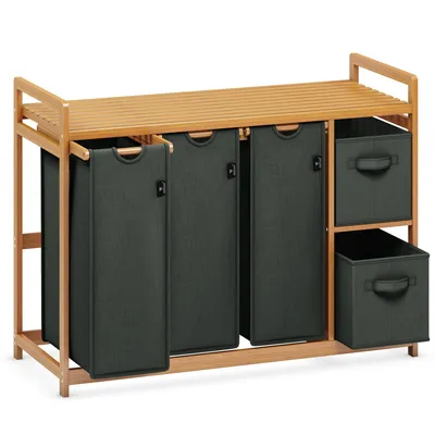 A multi-compartment laundry sorter made of wood and fabric.
