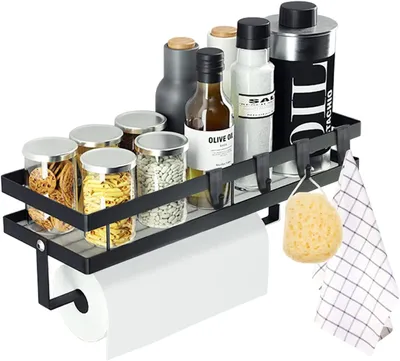 Produktbild von Gewš¹rzregal, Kš¹chenregal Wand Ohne Bohren, Gewš¹rzregal H?ngend Mit Kš¹chenrollenhalter Und 4 Haken, Kš¹chenutensilienhalter, 35cm, Schwarz