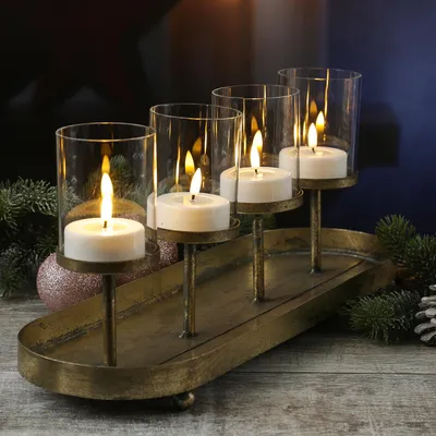 Produktbild von Kerzenhalter Advent - Kerzenständer - Teelichthalter - Eisen - L: 48cm - 4 Kerzenhalterungen - gold