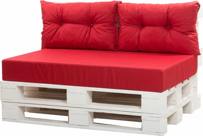 A red cushion set on a white pallet base, presented against a white background.