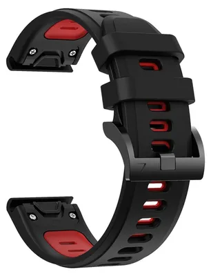 A close-up studio shot of a black and red silicone watch band against a white background.