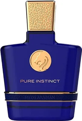 A product shot of a blue perfume bottle with gold accents.