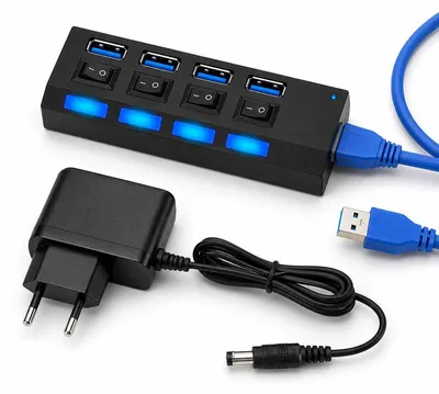 Produktbild von USB Hub 3.0 aktiv 4 Ports Netzteil – 5V/2A, 5Gbps, Einzelschalter | Verteiler für Laptop, PC, Maus & Tastatur