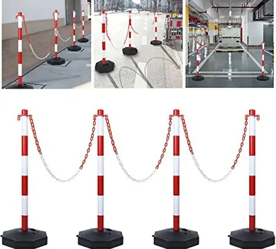 Produktbild von NAIZY zestaw 4 słupków odgradzających z 4 plastikowymi łańcuchami odgradzającymi o długości 140 cm, 82 x 28 x 28 cm, zestaw słupków odgradzających do kontroli ruchu i ostrzegania, biało-czerwony