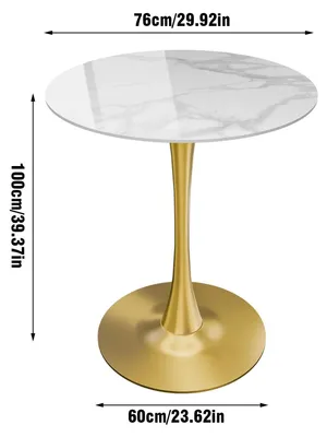 Produktbild von Runder Bartisch - Bistro- & Stehtisch - Höhe 100 cm - Ø 76 cm - Sintersteinplatte in Marmoroptik - Metallgestell - Weiße Platte mit goldenem Fuß