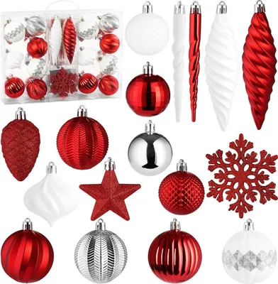 Produktbild von BRUBAKER 50-tlg. Premium Christbaumschmuck - Glitzer Weihnachtskugel - Schneeflocken, Eiszapfen und Tannenzapfen - Weihnachtsbaum Deko, Rot Weiß
