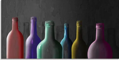 Produktbild von ARTland Glasbild Bunte Glasflaschen Größe: 100x50 cm