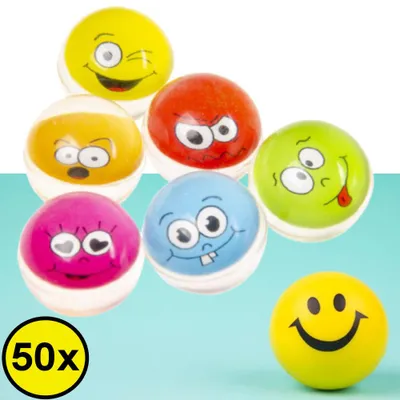 Productafbeelding van Decopatent 50 STUKS Vrolijke Smiley Stuiterballen Ø3.2 Cm - Traktatie Uitdeelcadeautjes voor kinderen - Speelgoed Stuiterbal - Uitdeelcadeaus -