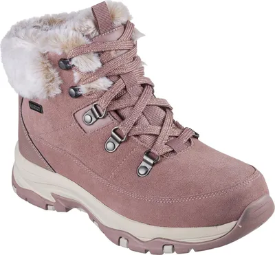 A single pink Skechers boot is shown against a white background.
