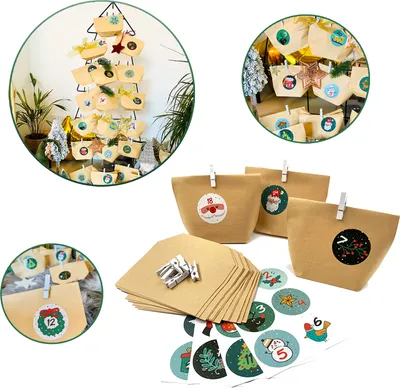 Produktbild von Oblique Unique DIY Adventskalender Set - 24 Tüten + 24 Zahlen Sticker Aufkleber + 24 weiße Klammer für Advent Weihnachten
