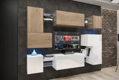 Produktbild von Furnitech Wohnwand Wohnzimmer - Wohnzimmer Möbel mit LED Weiß - Hängend Wohnwand Modern - Wohnzimmer Schrankwand mit Regale und TV Schrank (Albania AN3N-21SW-HGM35-1C)