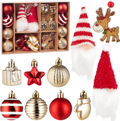 Image de BRUBAKER 24 pcs. décoration d'arbre de Noël or et rouge - boule de Noël avec lutin, cadeaux, étoiles, gants et renne en bois - décoration d'arbre