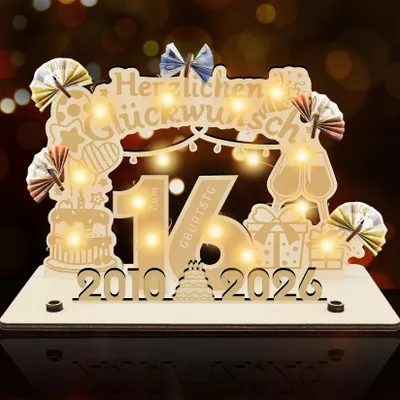 Holztafel Gästebuch 16. Geburtstag mit LED-Lichtern