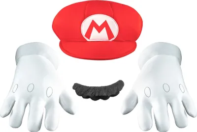 A collection of Super Mario costume accessories, including a hat, gloves, and mustache, laid out on a white background.