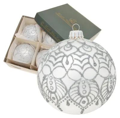 Produktbild von Krebs Glas Lauscha Weihnachtskugeln aus Glas, 4er Set: Arabeske Silber - ca. 10cm