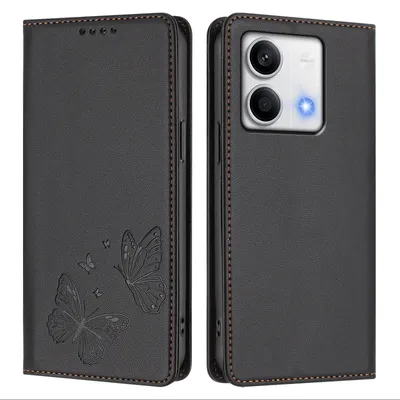 Obrázek produktu pro Kožené pouzdro pro Xiaomi Redmi Note 13 5G, motýlí ražbou, peněženkové flip pouzdro se stojánkem Černá