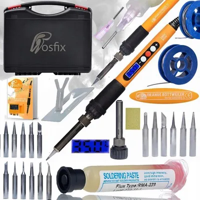 Image de Fer à souder Rosfix 10 en 1, orange Rottweiler + fil à souder en bobine de 0,8 mm, 10 g + flux de soudure RMA-223 avec fer et pointe + mallette 253 x 213 x 72 + pointes