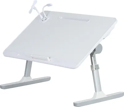 A white laptop bed table with adjustable legs, a built-in fan, and a light.