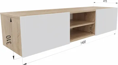 A 3D rendering of a TV lowboard/sideboard with dimensions indicated.