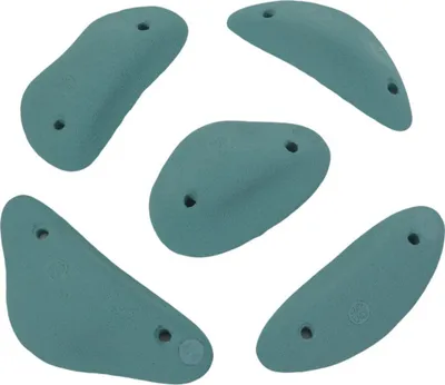 Set von fünf Klettergriffen in Größe S aus der Benni Collection von KS Klettergriffe; grünlich-blau.