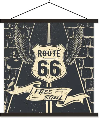 Produktbild von MuchoWow® Textilposter Route 66 - Vintage - Schwarz - Weiß 120x120 cm mit schwarzem Rahmen - Aufhängungsset