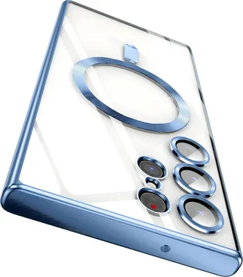 A close-up, angled view of the back of a clear phone case with blue metallic trim, showing a MagSafe ring and camera lens cutouts.
