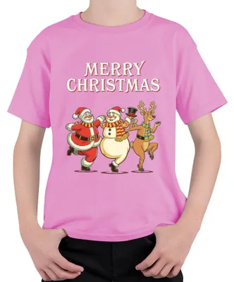 Produktbild von MERRY CHRISTMAS Weihnachtsmann Schneemann Rentier tanzend Vintage Kinder T-Shirt, Pink, 152