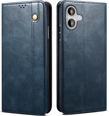 A blue leather wallet-style phone case is shown from two angles.