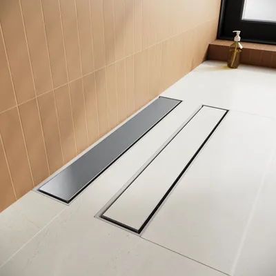 Obrázek produktu pro SONNI 50 cm podlahový odtok, plochý sprchový žlábek, nerezová ocel + obkladový povrch Konstrukce dva v jednom, sifon nastavitelný v rozsahu 360°, s ochranou proti zápachu a sek