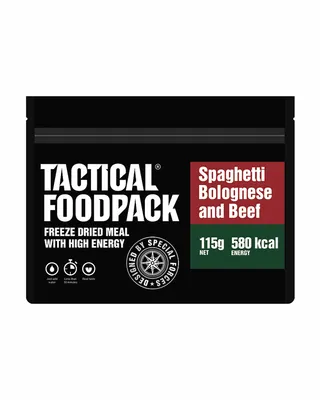 Produktbild von Tactical Foodpack Beef Spaghettie Bolognese, Rind, 10 ml, Spaghetti (41%) (wheat, water, curcuma), chopped tomatoes, minced beef (13%), onions, celery,..., 542 kcal, 19,5 g, 4,61 kg