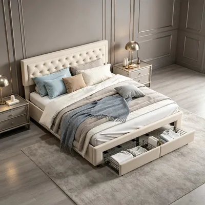 Produktbild von INONEFT Boxspringbett Polsterbett 160x200cm mit Stauraum, Doppelbett mit 2 Schubladen, Hydraulische Stauraumbett, Jugendbett mit Lattenrost,Samt,Beige