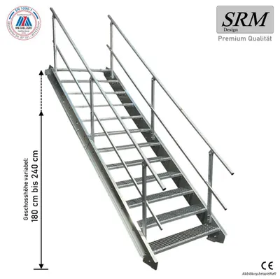 Produktbild von 12 Stufen Stahltreppe STATIK 80 cm Stufenbreite, Geschosshöhe 180 - 240 cm, 2x Geländer Rund