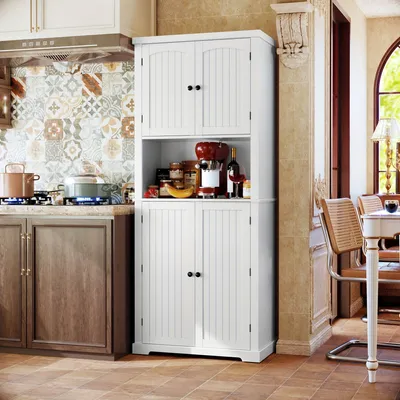 Image de Armoire de rangement - Armoire de cuisine - Meuble de rangement - Buffet - Vitrine - Blanc - 7 étagères - Style vintage