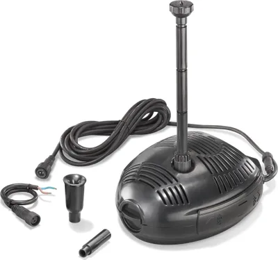A black submersible water pump with accessories and cables on a white background.