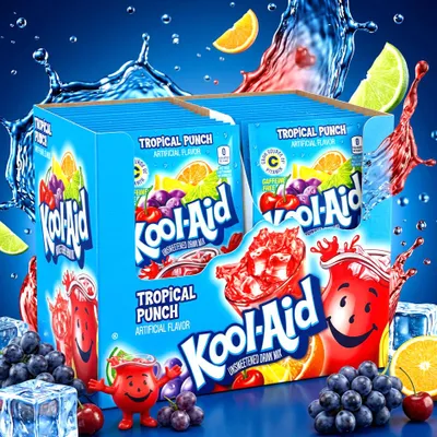 Produktbild von Kool-Aid Tropical Punch Getränkepulver Ungesüßt Multipack 48 x 4,5g + Heartforcards Versandschutz