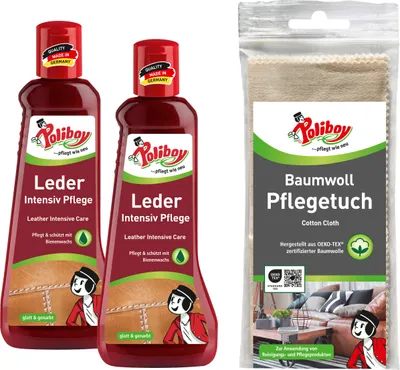Produktbild von Poliboy Leder Intensiv Pflege 2er Set - 2x200 ml - zur schonenden Reinigung und Pflege von glattem und genarbtem Leder - Inklusive Baumwolltuch
